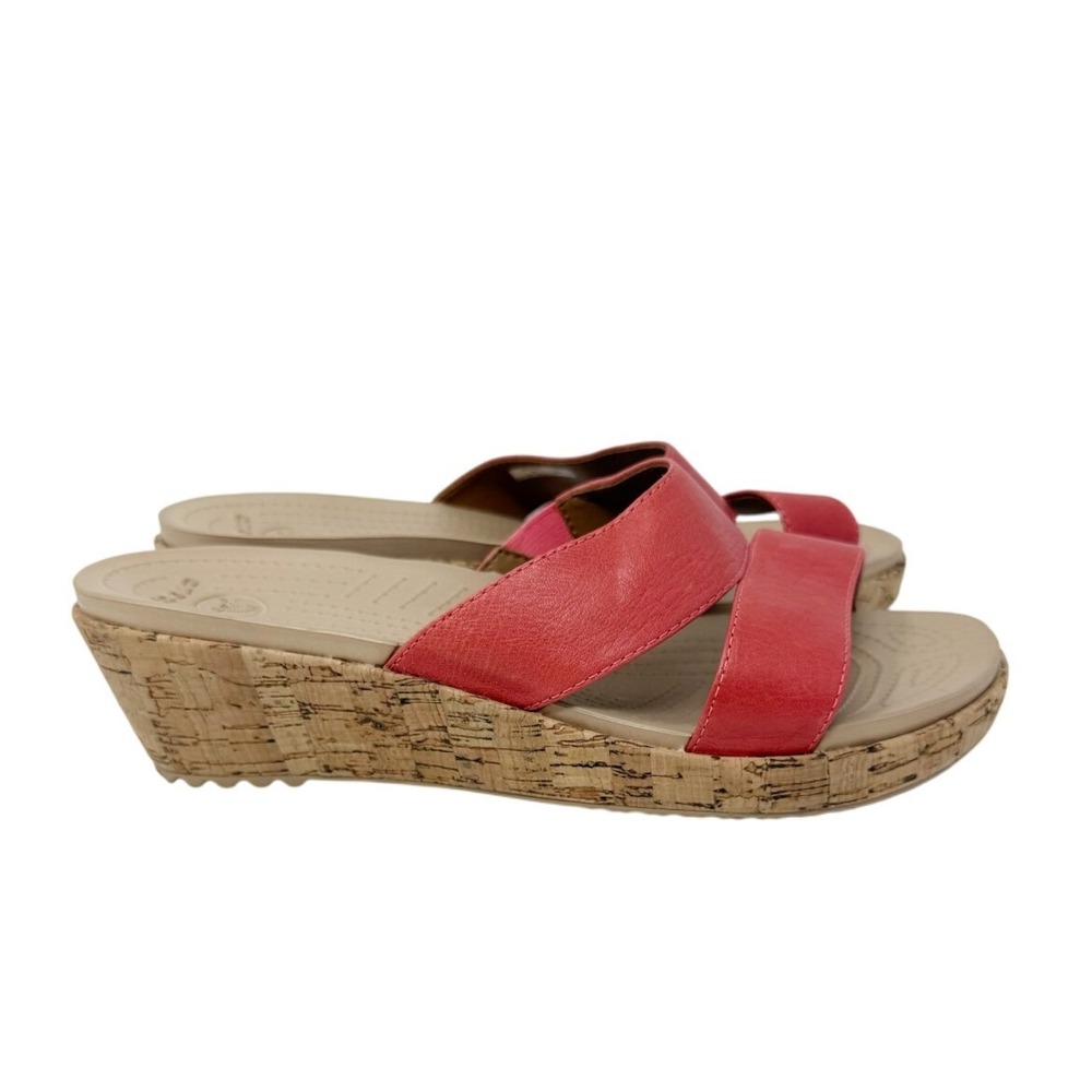 Crocs Womens A-Leigh Leather Mini Wedge Double Strap Sandal Orange 8